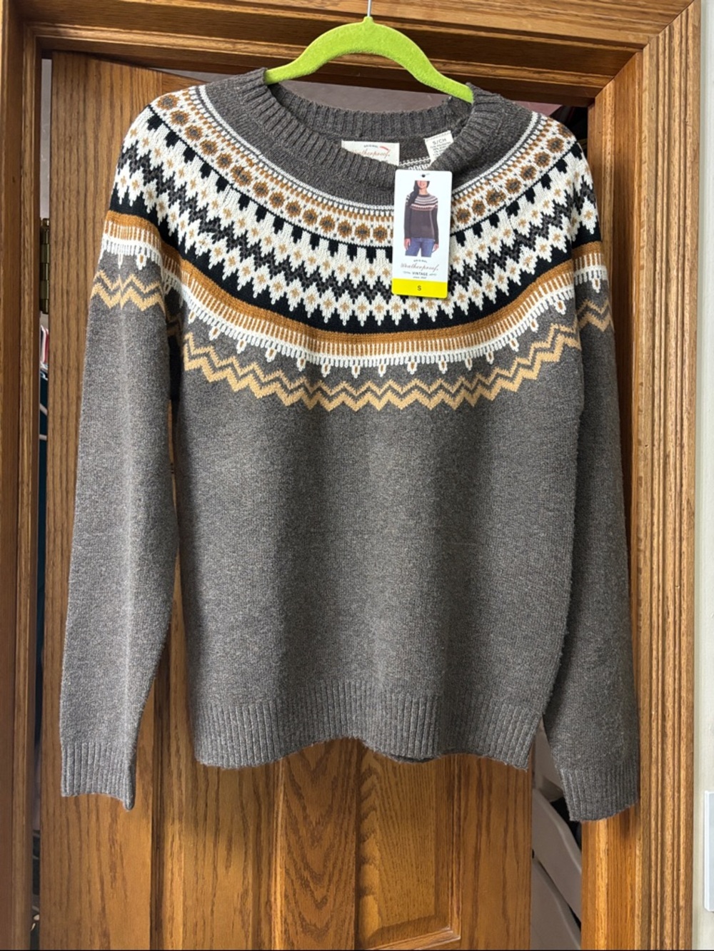 Weatherproof Fair Isle Yoke Sweater in Gray, Mustard & White